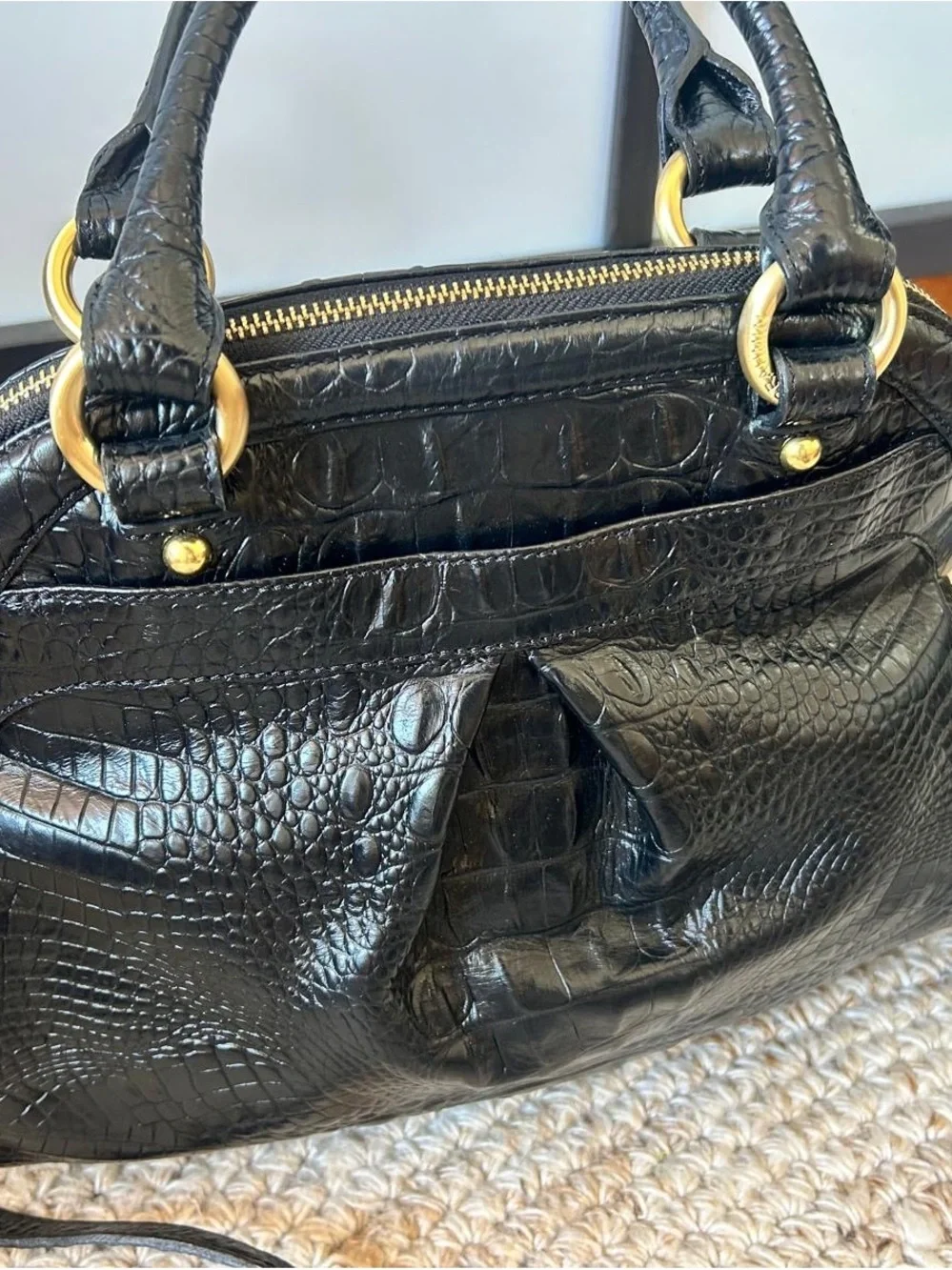 Brahmin Black Croc-Embossed Leather Satchel with Gold Hardware